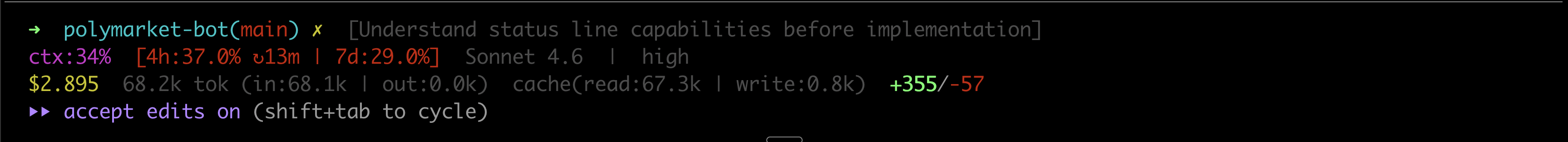Claude Code custom status line — 3 rows showing git branch, session name, context usage, rate limits, cost, and token breakdown